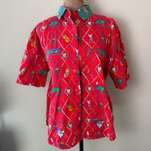 Vintage Novelty Golf Button Down Shirt Womens 6P Red AOP Top Blouse 80s 90s